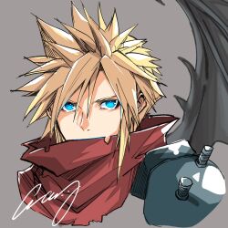 1boy armor birthday black_wings blonde_hair blue_eyes cloak cloud_strife commentary_request covered_mouth crazy02oekaki cropped_torso final_fantasy final_fantasy_vii grey_background hair_between_eyes highres kingdom_hearts looking_at_viewer male_focus portrait red_cloak short_hair shoulder_armor signature single_wing solo spiked_hair torn_clothes upper_body wings