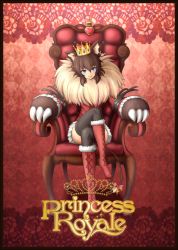 Rule 34 | 1girl, animal ears, beauty and the beast, black thighhighs, blue eyes, boots, bow, brown hair, claws, cross-laced footwear, crossed legs, crown, fur trim, knee boots, lace-up boots, mane, monster girl, original, princess royale, sitting, smile, solo, tail, tail bow, tail ornament, thighhighs, tyanbaku