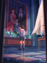 Rule 34 | 1boy, aged down, arm up, batman (series), black hair, black necktie, black shorts, black suit, bruce wayne, child, crying, curtains, dc comics, dress, fallen-jpg, father and son, formal, from behind, grey socks, highres, indoors, martha wayne, mother and son, mourning, necktie, painting (object), petals, red dress, short hair, shorts, signature, sleeveless, sleeveless dress, socks, suit, table, thomas wayne, vase, wind, window