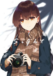 Rule 34 | 1girl, bag, black coat, blurry, blurry background, blush, breasts, brown eyes, brown hair, brown scarf, camera, closed mouth, coat, depth of field, earrings, english text, fringe trim, highres, holding, holding camera, jewelry, large breasts, long hair, looking at viewer, mole, mole under eye, moonlaw, nikon (company), original, plaid, plaid scarf, scarf, smile, solo, stud earrings, two-handed, upper body