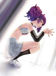 Rule 34 | 1girl, absurdres, backlighting, black socks, choker, diagonal bangs, facial mark, from side, full body, heart, highres, idolmaster, idolmaster shiny colors, kimi (hearty yuuki), kneehighs, long hair, looking at viewer, looking to the side, nail polish, open mouth, pleated skirt, purple eyes, purple hair, purple lips, purple nails, short twintails, skirt, socks, solo, spiked choker, spikes, squatting, studded choker, tanaka mamimi, twintails, white skirt