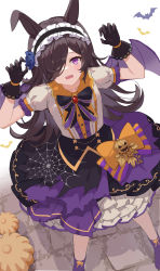 Rule 34 | 1girl, animal ears, arms up, bat wings, black bow, black gloves, blue flower, blue rose, blush, bow, brown hair, claw pose, commentary request, fangs, feet out of frame, flower, frilled hairband, frilled skirt, frills, from above, gloves, hair flower, hair ornament, hair over one eye, hairband, highres, horse ears, horse girl, lace, lace-trimmed gloves, lace trim, long hair, looking at viewer, official alternate costume, open mouth, purple eyes, purple skirt, rice shower (make up vampire!) (umamusume), rice shower (umamusume), rose, serika, shirt, short sleeves, skirt, solo, standing, umamusume, white shirt, wings