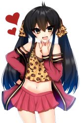 Rule 34 | 1girl, :d, animal print, bad id, bad pixiv id, bare shoulders, black hair, blush, brown camisole, brown eyes, camisole, cowboy shot, hair between eyes, hand on own hip, head tilt, heart, heart necklace, highres, idolmaster, idolmaster cinderella girls, jacket, jewelry, leopard print, long hair, long sleeves, matoba risa, midriff, miniskirt, navel, necklace, open mouth, pink jacket, pink skirt, pleated skirt, print camisole, print ribbon, ribbon, ricroot, simple background, skirt, smile, solo, twintails, v, very long hair, white background