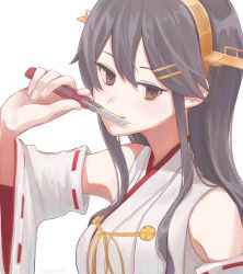 Rule 34 | 1girl, absurdres, bare shoulders, black hair, blade to mouth, boxcutter, brown eyes, close-up, detached sleeves, hair ornament, hairclip, haruna (kancolle), headgear, highres, holding, holding boxcutter, holding knife, kantai collection, knife, long hair, looking at viewer, nimono122, nontraditional miko, simple background, smile, solo, white background