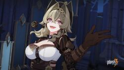 Rule 34 | 1girl, belt, braid, breasts, brown gloves, brown sleeves, chinese commentary, evil smile, gears, gloves, hat, highres, honkai (series), honkai impact 3rd, indoors, large breasts, logo, medium hair, official art, official wallpaper, open hand, open mouth, smile, solo, teeth, upper body, vill-v
