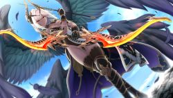 Rule 34 | 1girl, armored boots, arrow (projectile), black footwear, black leotard, black thighhighs, boots, bow (weapon), breasts, camilla (tenmei no conquista), cleavage, dark-skinned female, dark skin, day, dutch angle, feathered wings, feathers, game cg, gauntlets, grey wings, highleg, highleg leotard, highres, holding, holding arrow, holding bow (weapon), holding weapon, horns, leotard, long hair, medium breasts, orange eyes, shiny skin, silver hair, solo, standing, strapless, tenmei no conquista, thigh gap, thighhighs, very long hair, weapon, wings
