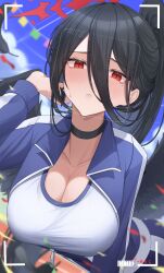 Rule 34 | 1girl, absurdres, battery indicator, black choker, black hair, black wings, blue archive, blue jacket, blush, breasts, choker, cleavage, collarbone, commentary request, day, gym uniform, hair between eyes, halo, hanging breasts, hasumi (blue archive), hasumi (track) (blue archive), highres, jacket, korean commentary, large breasts, long bangs, long hair, long sleeves, looking at viewer, official alternate costume, outdoors, pang-yo, ponytail, red eyes, shirt, solo, very long hair, viewfinder, white shirt, wings