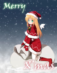 Rule 34 | 1girl, bag, bell, blush, boots, capelet, christmas, dress, female focus, fur trim, green eyes, hat, knee boots, lily white, long hair, masu shu, merry christmas, mittens, orange hair, outdoors, red mittens, santa costume, santa hat, sky, solo, thighhighs, touhou, white thighhighs, wings, zettai ryouiki