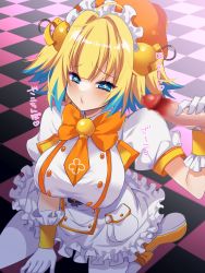 Rule 34 | + +, 1boy, 1girl, beret, blonde hair, blue eyes, blue hair, blush, bombergirl, breasts, censored, checkered floor, closed mouth, clover-shaped pupils, colored tips, dress, frilled dress, frills, hair ornament, handjob, hat, highres, large breasts, looking at viewer, mosaic censoring, multicolored hair, orange headwear, penis, pine (bombergirl), seiza, short hair, sitting, solo focus, symbol-shaped pupils, tajima yoshikazu, two-tone hair, two side up, white dress, white legwear, yellow footwear