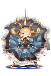 Rule 34 | 10s, 1girl, armor, armored boots, bad id, bad pixiv id, blonde hair, blue dress, blush, boots, breastplate, broom, charlotta (granblue fantasy), closed mouth, crown, dress, floating hair, full body, gloves, granblue fantasy, hair over one eye, harvin, holding, legs apart, long hair, o (rakkasei), pointy ears, puffy short sleeves, puffy sleeves, short sleeves, simple background, solo, standing, swept bangs, white background, white gloves