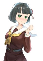Rule 34 | 1girl, 3:, black hair, blunt bangs, blunt ends, blush, breasts, brown dress, commentary request, corocoro567, cowboy shot, dress, embarrassed, flower, flower knot, green eyes, hair flower, hair ornament, hand up, hasu no sora school uniform, highres, link! like! love live!, long sleeves, looking at viewer, love live!, medium breasts, momose ginko, neckerchief, nose blush, pleated dress, sailor collar, sailor dress, school uniform, short hair, solo, virtual youtuber, white sailor collar, winter uniform, yellow neckerchief