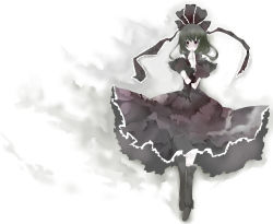 Rule 34 | 1girl, boots, covering face, covering own mouth, covering privates, dress, female focus, fog, green hair, grey theme, hair ribbon, kagiyama hina, katayama kei, own hands together, ribbon, short sleeves, solo, touhou