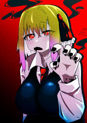 Rule 34 | 1girl, black nails, black vest, blonde hair, blush, breasts, bright pupils, collared shirt, commentary request, darkness, fang, fingernails, gradient background, gradient hair, hair between eyes, hair ribbon, highres, impossible clothes, impossible vest, kurodani yamame, large breasts, long sleeves, looking at viewer, medium hair, multicolored hair, nail polish, necktie, open mouth, pink hair, red background, red eyes, red necktie, red ribbon, ribbon, rinyamame, rumia, shirt, skin fang, solo, touhou, upper body, vest, white pupils, white shirt