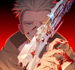 Rule 34 | 2boys, blonde hair, blood, blood on face, blood on hands, bloody weapon, blue eyes, brothers, brown cloak, cloak, hand up, highres, male focus, millions knives, mole, mole under eye, multiple boys, natural wind, red background, reflection, short hair, siblings, smile, trigun, trigun stampede, vash the stampede, weapon, wrist blades