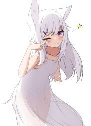 Rule 34 | 1girl, ;), absurdres, animal ear fluff, animal ears, bare arms, bare shoulders, blush, closed mouth, collarbone, commentary, dress, fox ears, fox girl, fox tail, hair ornament, hairclip, highres, kuronagi (mitora uwu), long hair, one eye closed, original, panties, purple eyes, see-through, simple background, sleeveless, sleeveless dress, smile, standing, star (symbol), symbol-only commentary, tail, underwear, very long hair, white background, white dress, white hair, white panties