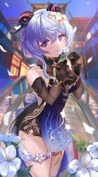 Rule 34 | 1girl, absurdres, bare shoulders, bell, black gloves, black sleeves, blue dress, blue hair, blush, breasts, commentary request, cowboy shot, detached sleeves, dress, falling petals, flower, foot out of frame, from side, ganyu (genshin impact), ganyu (twilight blossom) (genshin impact), genshin impact, gloves, goat horns, gradient clothes, gradient dress, hair between eyes, hair ornament, highres, hisaka730387, holding, holding flower, horns, jewelry, light blue hair, long hair, looking at viewer, medium breasts, neck bell, official alternate costume, petals, purple eyes, qingxin flower, see-through, sleeveless, sleeveless dress, solo, thighlet, thighs