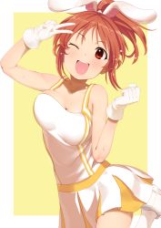 Rule 34 | 10s, 1girl, :d, abe nana, animal ears, bad id, bad twitter id, bare shoulders, blush, breasts, brown eyes, brown hair, dress, gloves, idolmaster, idolmaster cinderella girls, inactive account, long hair, looking at viewer, one eye closed, open mouth, pettan p, ponytail, rabbit ears, simple background, skirt, smile, solo, v, white gloves
