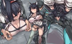 Rule 34 | 1boy, 1girl, animal ears, arknights, black gloves, black hair, black panties, blaze (arknights), blue eyes, blush, breasts, bulge, cat ears, cat tail, closed mouth, covered erect nipples, crotch grab, female pubic hair, gloves, hair between eyes, hairband, hat, hetero, highres, large breasts, licking lips, long hair, long sleeves, nipple stimulation, nipple tweak, p (tidoriashi), panties, partially fingerless gloves, pubic hair, red hairband, scarf, shirt, single thighhigh, smile, standing, tail, thighhighs, tongue, tongue out, underwear, white shirt