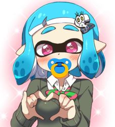 Rule 34 | 1girl, bad id, bad twitter id, blue hair, blunt bangs, blush, bow, cardigan, collared shirt, eromame, eyebrows, green bow, hair ornament, hairclip, heart, heart-shaped pupils, heart hands, inkling, inkling girl, inkling player character, long sleeves, looking at viewer, nintendo, pacifier, pink eyes, pointy ears, shirt, short hair, solo, splatoon (series), splatoon 2, striped bow, striped neckwear, symbol-shaped pupils, tentacle hair, upper body, white shirt