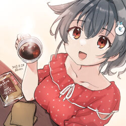 Rule 34 | 1girl, alternate costume, black hair, coffee, cup, dated, dress, frilled dress, frills, hair flaps, hair ornament, hairclip, highres, jingei (kancolle), kantai collection, kirisawa juuzou, polka dot, polka dot dress, red dress, red eyes, simple background, smile, solo, teacup, twitter username, upper body, white background