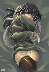 Rule 34 | 1girl, breasts, brown eyes, covered erect nipples, green hair, large breasts, lying, mil (xration), on back, panties, solo, sweater, thighhighs, underwear