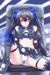 Rule 34 | 10s, 1girl, bare shoulders, black hair, blush, boots, breasts, cleavage, clothed masturbation, crotch rub, female focus, female masturbation, fingering, grabbing own breast, hand in panties, kami jigen game neptune v, long hair, looking at viewer, masturbation, midriff, mizunashi (second run), navel, neptune (series), noire (neptunia), panties, pussy juice, red eyes, saliva, skirt, smile, solo, sweat, thighhighs, twintails, underwear, vaginal, very long hair, wet, wet clothes, wet panties, wet spot, white panties