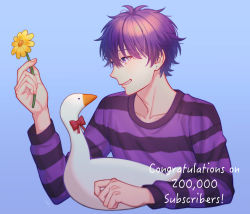 Rule 34 | 1boy, absurdres, bird, blue background, congratulations, earrings, flower, goose, highres, holding, holding flower, jack-o&#039; ran-tan, jewelry, kusamuraniiru, long sleeves, male focus, niconico, purple eyes, purple hair, shirt, simple background, smile, striped clothes, striped shirt, stud earrings, untitled goose game, upper body