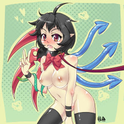 Rule 34 | 1girl, ahoge, black hair, black thighhighs, breasts, collar, female focus, greyface, houjuu nue, large breasts, leash, nipples, nude, pointy ears, pussy, red eyes, short hair, snake, solo, tentacles, thighhighs, touhou, uncensored, v, wings