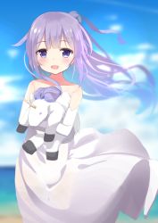Rule 34 | 1girl, :d, azur lane, bare shoulders, beach, blue sky, blush, cloud, collarbone, commentary request, cowboy shot, day, dress, elbow gloves, gloves, hair bun, head tilt, long hair, looking at viewer, hugging object, ocean, odeclea, open mouth, outdoors, purple eyes, purple hair, single hair bun, sky, smile, solo, standing, strapless, strapless dress, stuffed animal, stuffed toy, stuffed unicorn, stuffed winged unicorn, unicorn (azur lane), very long hair, white dress, white gloves