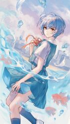 Rule 34 | 1girl, absurdres, air bubble, ayanami rei, black socks, blue dress, bubble, closed mouth, cloud, dress, fish, foot out of frame, from side, guqinglan, hand up, highres, kneehighs, looking at viewer, neon genesis evangelion, outdoors, red eyes, red ribbon, ribbon, school uniform, shirt, shoes, short hair, short sleeves, socks, solo, tokyo-3 middle school uniform, wading, water, white hood, white shirt