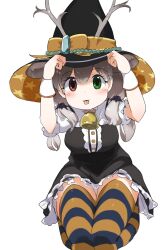 Rule 34 | 1girl, :p, absurdres, animal ears, antlers, bell, black dress, blush, bow, bowtie, brown hair, center frills, deer ears, dress, extra ears, frilled dress, frills, green eyes, halloween, hat, heterochromia, highres, horns, iwa (iwafish), kemono friends, kemono friends 3, looking at viewer, multicolored hair, neck bell, official alternate costume, orange thighhighs, puffy short sleeves, puffy sleeves, purple thighhighs, red bow, red bowtie, red eyes, reindeer (kemono friends), reindeer antlers, reindeer girl, shirt, short sleeves, sitting, solo, striped clothes, striped thighhighs, thighhighs, tongue, tongue out, twintails, white shirt, witch, witch hat, wrist cuffs, zettai ryouiki