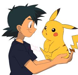 Rule 34 | 1boy, ash ketchum, black eyes, black hair, black shirt, closed mouth, commentary request, creatures (company), eye contact, game freak, gen 1 pokemon, holding, holding pokemon, knhrpnkt, looking at another, male focus, nintendo, pikachu, pokemon, pokemon (anime), pokemon (classic anime), pokemon (creature), shirt, short sleeves, simple background, sketch, smile, t-shirt, twitter username, upper body, white background