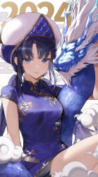 Rule 34 | 2024, black shorts, blue dress, blue eyes, blue hair, china dress, chinese clothes, choppy bangs, cloud, dragon, dragon print, dress, eastern dragon, embroidery, hat, highres, jangu707, long hair, looking at viewer, low twintails, multicolored hair, original, parted bangs, parted lips, shorts, sidelocks, sitting, streaked hair, twintails, two-tone hair, white hair