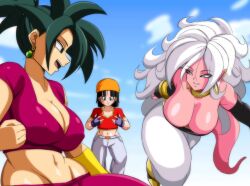 Rule 34 | 3girls, android 21, bracelet, breast envy, breasts, cleavage, colored skin, covered erect nipples, darwaarts, detached sleeves, dragon ball, dragon ball fighterz, dragon ball gt, dragon ball super, earrings, female focus, fingerless gloves, gloves, grey eyes, harem pants, highres, jewelry, kefla (dragon ball), large breasts, long hair, majin android 21, medium hair, midriff, multiple girls, navel, pan (dragon ball), pants, pink skin, potara earrings, strapless, sweatdrop, tail, tube top, white hair