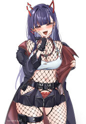 Rule 34 | 1girl, absurdres, akuma nihmune, artist name, belt, belt buckle, blunt bangs, blush, bracelet, breasts, buckle, collar, commentary, commission, cowboy shot, cross, demon girl, demon horns, earrings, english commentary, fingerless gloves, fishnets, gloves, heart, highres, horns, indie virtual youtuber, jacket, jewelry, keisea, large breasts, long hair, long sleeves, looking at viewer, mole, mole under eye, navel, open mouth, piercing, pink eyes, pubic tattoo, purple hair, simple background, solo, spiked bracelet, spikes, tattoo, teeth, thigh strap, tongue, tongue out, tongue piercing, virtual youtuber, watermark, white background, zipper