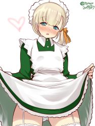 Rule 34 | 1girl, alternate costume, apron, blonde hair, blue eyes, blunt bangs, blush, commentary request, cowboy shot, dress, dress shirt, enmaided, frilled apron, frills, garter straps, gluteal fold, green dress, hair ornament, highres, kantai collection, long hair, looking at viewer, maid, maid headdress, one-hour drawing challenge, panties, pantyshot, ribbon, shin&#039;you (kancolle), shirt, side ponytail, simple background, solo, standing, takase muh, thighhighs, underwear, white apron, white background, white panties, white thighhighs