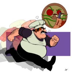 Rule 34 | 1boy, afterimage, angry, apron, arm hair, black hair, black shirt, clenched hands, clenched teeth, cliff, facial hair, fat, fat man, hot-coco, male focus, mustache, peppino spaghetti, pizza tower, pizzaface, running, shirt, short hair, signature, sweat, teeth, tower, white apron
