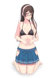Rule 34 | 1girl, :t, barefoot, bikini, black bikini, black hair, blue skirt, breasts, collarbone, full body, glasses, green eyes, hairband, hands on own stomach, highres, hip vent, kantai collection, kneeling, knees together feet apart, long hair, looking to the side, navel, ooyodo (kancolle), pink hairband, pleated skirt, pout, semi-rimless eyewear, simple background, skirt, small breasts, solo, swimsuit, under-rim eyewear, white background, yuuji (and)