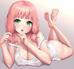 Rule 34 | 1girl, ass, bang dream!, bare arms, bare shoulders, barefoot, blunt bangs, blush, bottomless, breasts, chestnut mouth, cleavage, collarbone, commentary, covered erect nipples, artistic error, feet up, fingernails, full body, gradient background, green eyes, grey background, hands up, lambda (kusowarota), large breasts, long hair, looking at viewer, low twintails, lying, nipples, on stomach, open mouth, pink hair, see-through, shirt, short twintails, soles, solo, strap slip, sweat, tank top, the pose, toes, twintails, uehara himari, wet, wet clothes, wet shirt, white background, white tank top, wrong foot