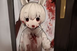 Rule 34 | 1girl, ambiguous red liquid, blood, blood on clothes, blood on face, blood on hands, child, colored eyelashes, doorway, female focus, highres, looking at viewer, low twintails, messy, original, parted lips, rabbit ears, red eyes, shirokujira, short twintails, solo, twintails, white hair