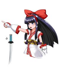 Rule 34 | 1girl, absurdres, ainu clothes, arm up, artist name, blue eyes, breasts, fingerless gloves, gloves, hair ribbon, highres, long hair, nakoruru, pointing, purple hair, ribbon, samurai spirits, small breasts, snk, solo, the king of fighters, the king of fighters xiv, weapon
