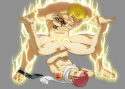 Rule 34 | 2boys, anal, ass, bara, blonde hair, blush, erection, evil grin, evil smile, fairy tail, grin, holding ankles, laxus dreyar, male focus, male penetrated, multiple boys, muscular, natsu dragneel, naughty face, nude, penis, pink hair, precum, precum string, scarf, sex, smile, tagme, yaoi