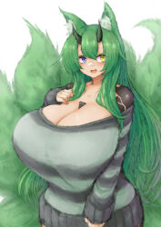 Rule 34 | 1girl, 2b-ge, animal ears, bandaid, bandaid on face, bandaid on nose, breasts, cleavage, fang, fox ears, fox tail, green hair, heterochromia, highres, horns, huge breasts, kitsune, long hair, long sleeves, multiple tails, off-shoulder sweater, off shoulder, open mouth, original, oversized clothes, solo, striped clothes, striped sweater, sweater, tail, tattoo, thick thighs, thighs, tsutsune (pyobbo), very long hair