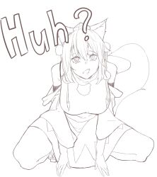Rule 34 | 1girl, animal ears, breasts, fang, full body, geta, greyscale, hat, highres, huh? cat (meme), inubashiri momiji, kanaria (bocmn), large breasts, looking at viewer, meme, monochrome, open mouth, pom pom (clothes), skin fang, solo, squatting, tail, tokin hat, touhou, wolf ears, wolf girl, wolf tail