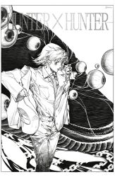 Rule 34 | 1boy, absurdres, belt, border, chain, collared shirt, copyright name, cowboy shot, dressing, earrings, eyeball, floating hair, formal, greyscale, hands up, highres, hunter x hunter, jewelry, kurapika, llost, long sleeves, looking away, male focus, monochrome, multiple rings, necktie, pants, ring, shirt, shirt tucked in, short hair, signature, striped necktie, suit, traditional media, whale