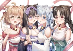 Rule 34 | 4girls, :3, ahoge, animal ear fluff, animal ears, arashio (azur lane), asashio (azur lane), azur lane, bare shoulders, bell, black hair, blue eyes, blue hair, blue skirt, bow, braid, breast press, breasts, cat ears, cat girl, cleavage, clothing cutout, green skirt, hair bow, hair ornament, highres, jingle bell, large breasts, long hair, long sleeves, looking at viewer, michishio (azur lane), multiple girls, neck bell, one eye closed, ooshio (azur lane), open mouth, orange hair, pleated skirt, purple bow, purple eyes, purple skirt, red eyes, red skirt, shoulder cutout, simple background, skirt, twin braids, white background, yellow eyes, yorumon