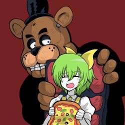 Rule 34 | 1boy, 1girl, absurdres, blue vest, chair, closed eyes, colored skin, cookie (touhou), daiyousei, diyusi (cookie), five nights at freddy&#039;s, food, freddy fazbear, great gonzales, green hair, hat, highres, holding, holding food, holding pizza, mini hat, mini top hat, necktie, open mouth, pizza, robot, sitting, sweat, teeth, top hat, touhou, vest, white skin, yellow necktie