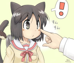 Rule 34 | !, 1girl, animal ears, black eyes, black hair, blush, cat ears, cat girl, cat tail, closed mouth, commentary request, dated, doughnut, food, food on tail, gaketsu, gradient background, green background, highres, nichijou, pointing, pointing at another, sailor collar, school uniform, shinonome nano, short hair, simple background, spoken exclamation mark, tail, tokisadame school uniform, translation request, white background, winding key