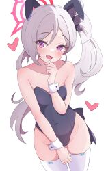 Rule 34 | 1girl, absurdres, animal ears, black leotard, blue archive, blush, buta ookami debuko, collarbone, cowboy shot, fake animal ears, gluteal fold, grey hair, halo, heart, highres, leotard, long hair, mutsuki (blue archive), open mouth, purple eyes, rabbit ears, red halo, side ponytail, simple background, smile, solo, strapless, strapless leotard, thighhighs, white background, white thighhighs, wrist cuffs