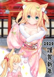 Rule 34 | 1girl, 2020, :t, absurdres, ahoge, animal ear fluff, animal ears, blonde hair, blurry, blurry background, blush, breasts, cleavage, closed eyes, closed mouth, collarbone, commentary, depth of field, floral print, food-themed hair ornament, fox ears, fox girl, fox tail, fur-trimmed kimono, fur trim, green eyes, hair between eyes, hair ornament, hair scrunchie, highres, imagining, japanese clothes, kimono, kurashina yuzuki, large breasts, long hair, long sleeves, new year, obi, original, own hands together, palms together, pinching sleeves, pink kimono, print kimono, profile, red scrunchie, sash, scrunchie, sidelocks, sleeves past wrists, smile, sparkle, tail, translated, twintails, two side up, wide sleeves